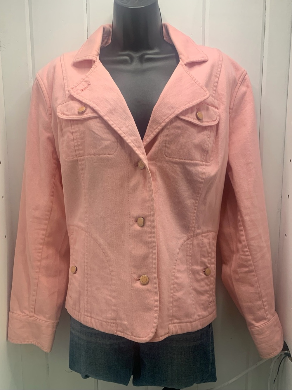 Talbots Pink Denim Jacket Size 16W Notch Collar pockets Feminine Spring Classic